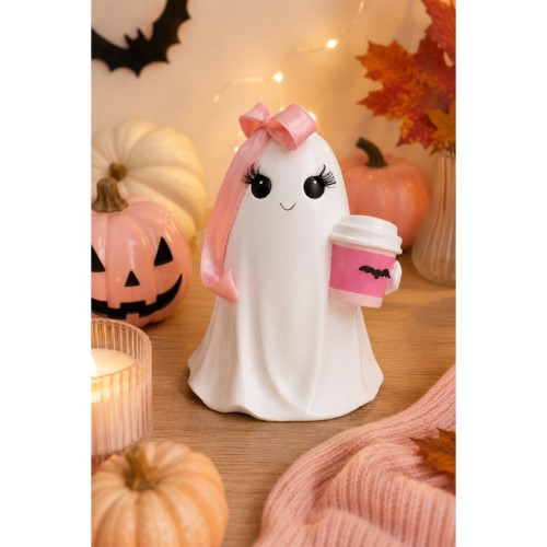 Duszek ceramiczny z kawą i różową kokardką – urocza dekoracja na Halloween