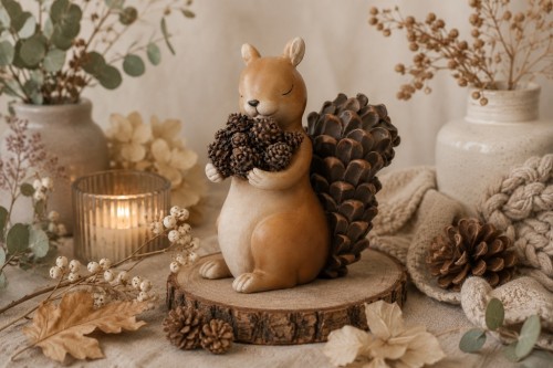 FIGURKA CERAMICZNA WIEWIÓRKA Z SZYSZKAMI 15,5 cm – Mała Jesienna Dekoracja