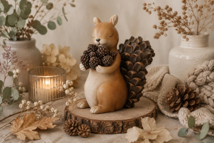 FIGURKA CERAMICZNA WIEWIÓRKA Z SZYSZKAMI 15,5 cm – Mała Jesienna Dekoracja