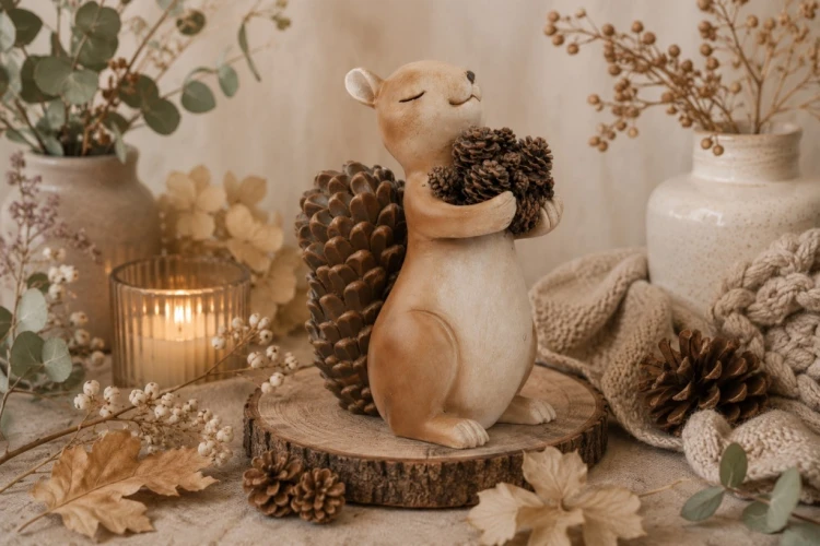 FIGURKA CERAMICZNA WIEWIÓRKA Z SZYSZKAMI 20 cm – Jesienna Dekoracja do Domu