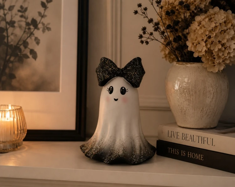 DUSZEK CERAMICZNY Z CZARNĄ KOKARDĄ 22,5 cm – Ozdoba Halloween i Jesienna