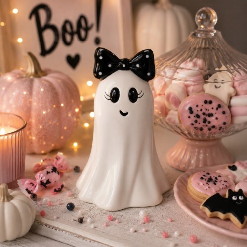 DUSZEK CERAMICZNY Z CZARNĄ KOKARDĄ W BIAŁE KROPKI 16,6 CM – HALLOWEEN