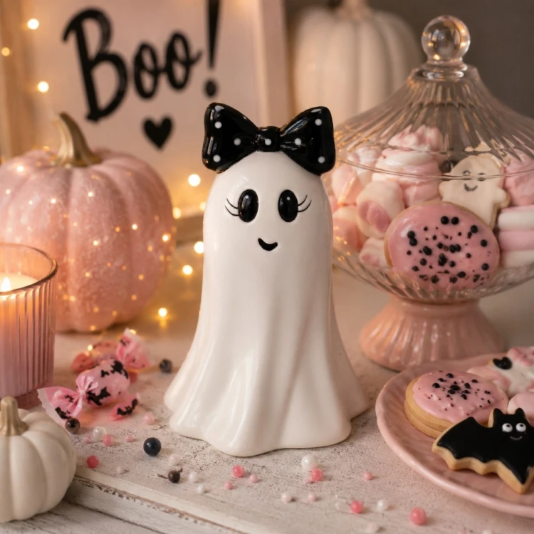 DUSZEK CERAMICZNY Z CZARNĄ KOKARDĄ W BIAŁE KROPKI 16,6 CM – HALLOWEEN