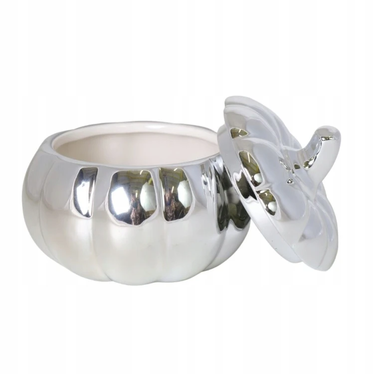 CERAMICZNY POJEMNIK DYNIA SREBRNA Z POKRYWKĄ 12 CM – ELEGANCKA DEKORACJA