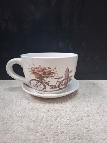 Doniczka Ceramiczna Filiżanka z Podstawką 25 x 16 cm w Stylu Vintage