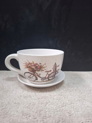 Doniczka Ceramiczna Filiżanka z Podstawką 25 x 16 cm w Stylu Vintage