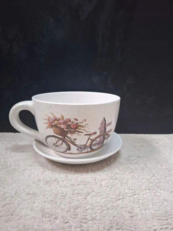 Doniczka Ceramiczna Filiżanka z Podstawką 25 x 16 cm w Stylu Vintage