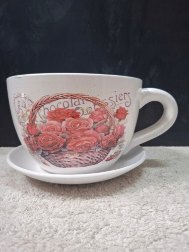 Doniczka Ceramiczna Filiżanka z Podstawką 25 x 16 cm w Stylu Vintage