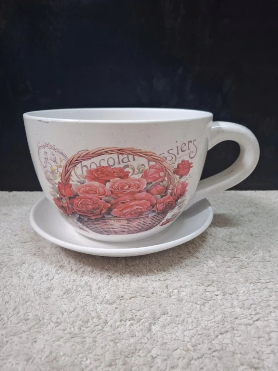 Doniczka Ceramiczna Filiżanka z Podstawką 25 x 16 cm w Stylu Vintage