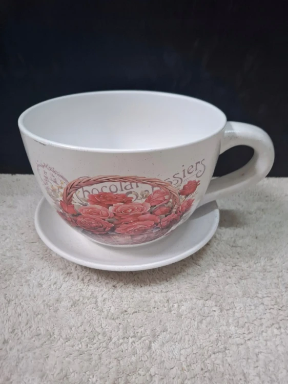 Doniczka Ceramiczna Filiżanka z Podstawką 25 x 16 cm w Stylu Vintage