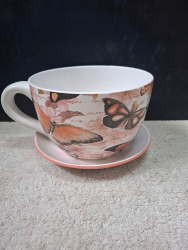 Doniczka Ceramiczna Filiżanka z Podstawką 25 × 16 cm – Osłonka Motyle