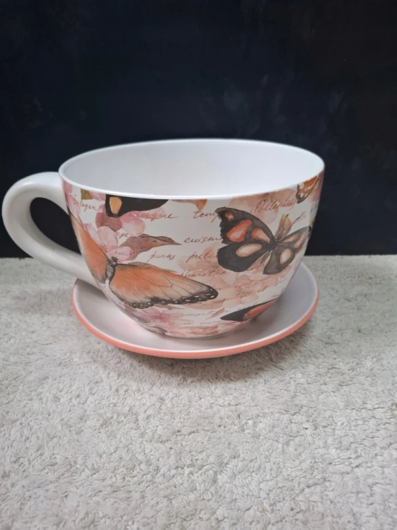Doniczka Ceramiczna Filiżanka z Podstawką 25 × 16 cm – Osłonka Motyle