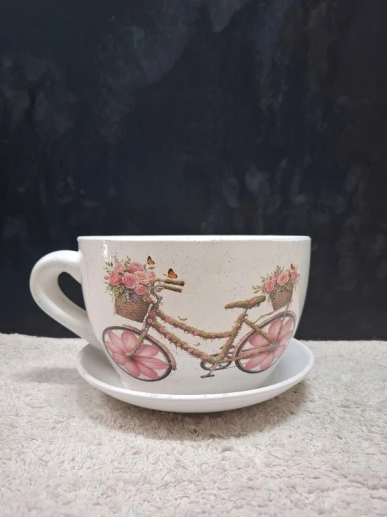 Doniczka Ceramiczna Filiżanka z Podstawką 20,5 × 13 cm Rower z Różami