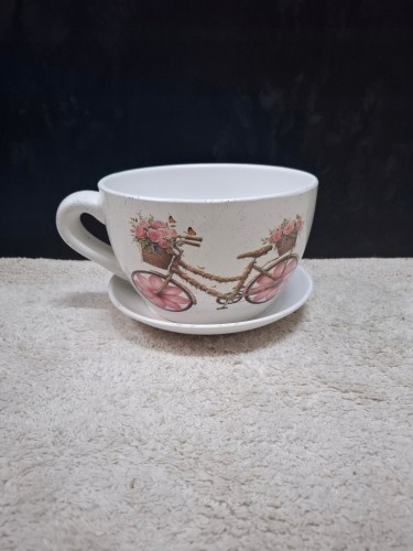 Doniczka Ceramiczna Filiżanka z Podstawką 20,5 × 13 cm Rower z Różami