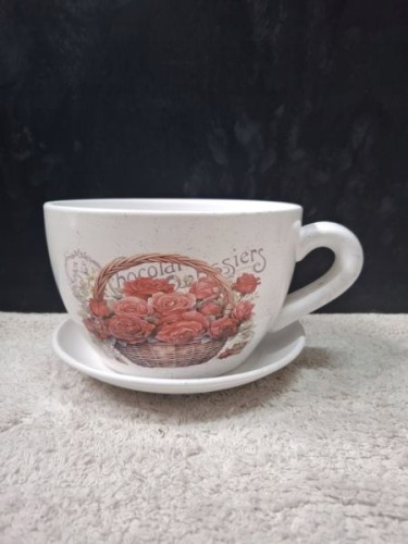 Doniczka Ceramiczna Filiżanka z Podstawką 20,5 × 13 cm – Róże