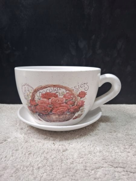 Doniczka Ceramiczna Filiżanka z Podstawką 20,5 × 13 cm – Róże