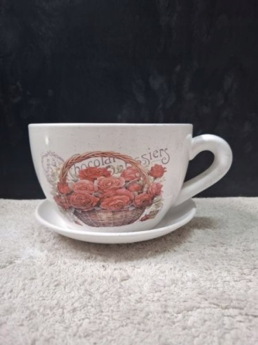 Doniczka Ceramiczna Filiżanka z Podstawką 20,5 × 13 cm – Róże