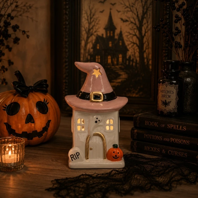 Ceramiczny Domek Halloween Lampion na Świeczkę T-Light 16 cm Dekoracja