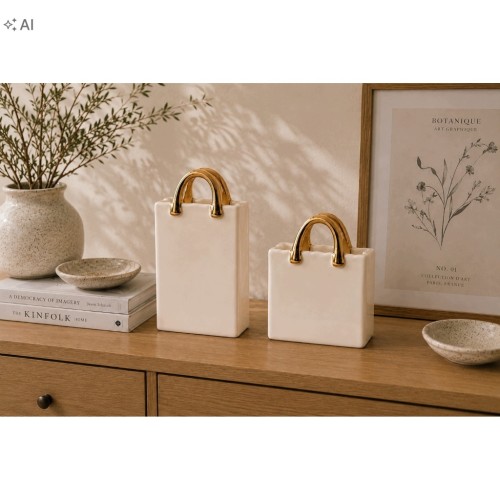 Wazon Ceramiczny Torebka Kremowy ze Złotymi Rączkami Mały 20,6 cm Glamour