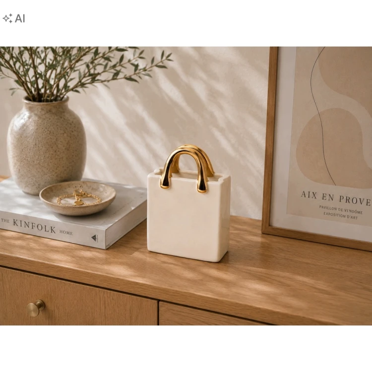 Wazon Ceramiczny Torebka Kremowy ze Złotymi Rączkami Mały 20,6 cm Glamour