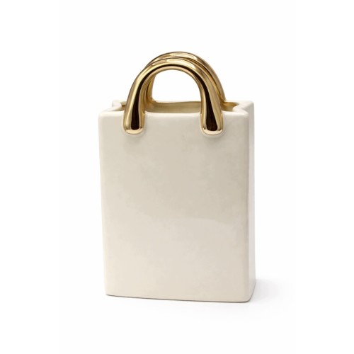 Wazon Ceramiczny Torebka Kremowy ze Złotymi Rączkami Duży 26,5 cm Glamour