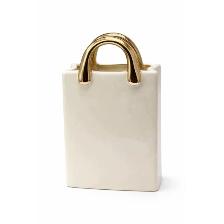 Wazon Ceramiczny Torebka Kremowy ze Złotymi Rączkami Duży 26,5 cm Glamour