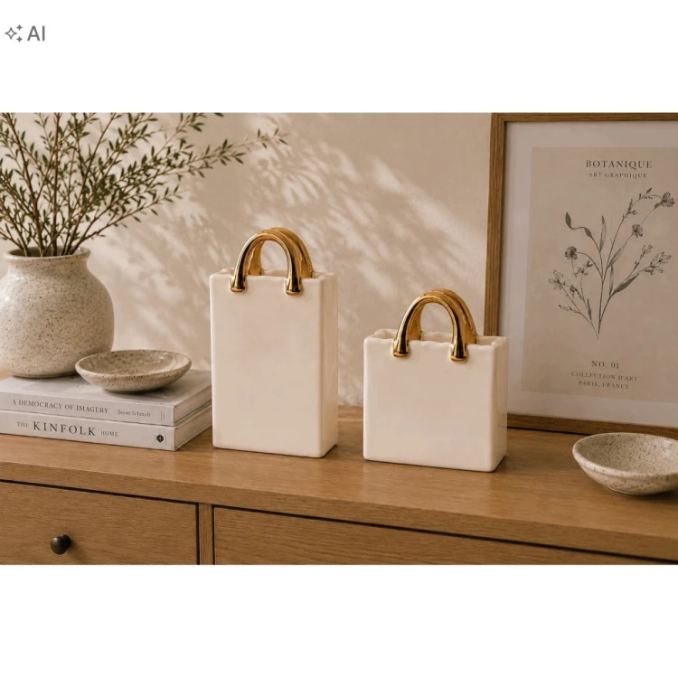 Wazon Ceramiczny Torebka Kremowy ze Złotymi Rączkami Duży 26,5 cm Glamour