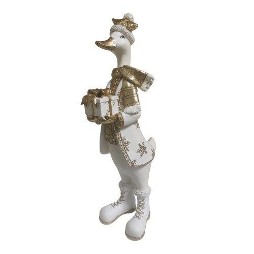 FIGURKA ŚWIĄTECZNA GĘŚ Z PREZENTEM 41 CM – BIAŁO-ZŁOTA