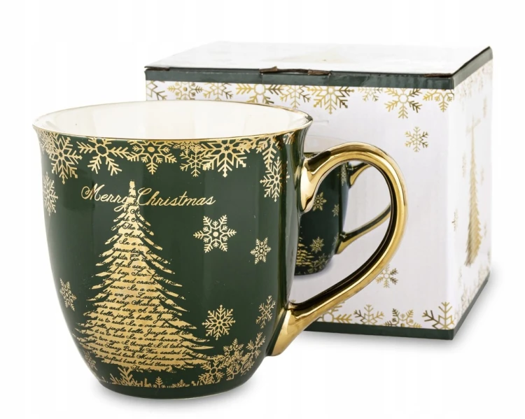 Kubek Świąteczny Porcelanowy 560 ml Zielony Choinka Renifer Prezent Święta