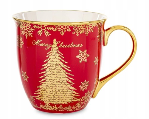 ŚWIĄTECZNY KUBEK PORCELANOWY 560 ML CZERWONY ZŁOTE DODATKI CHOINKA