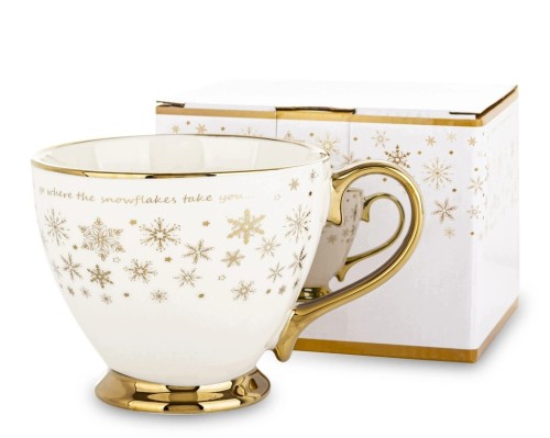 ŚWIĄTECZNY KUBEK NA STOPCE 380 ML BIAŁY ZE ZŁOTYMI PŁATKAMI ŚNIEGU