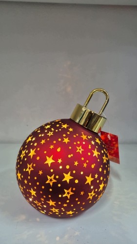 Bombka LED Czerwona 15 cm Szklana Świąteczna Gwiazdki Złote Akcenty