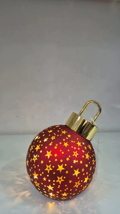 Bombka LED Czerwona 11 cm Szklana Świąteczna Gwiazdki Złote Akcenty