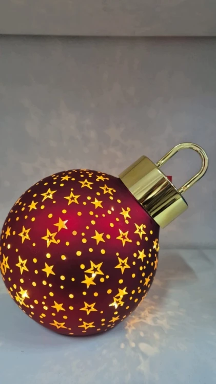 Bombka LED Czerwona 20 cm Szklana Świąteczna Gwiazdki Złote Akcenty
