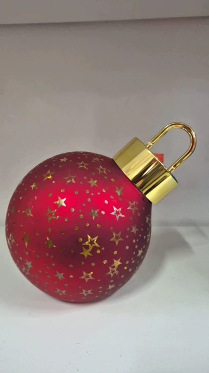 Bombka LED Czerwona 20 cm Szklana Świąteczna Gwiazdki Złote Akcenty