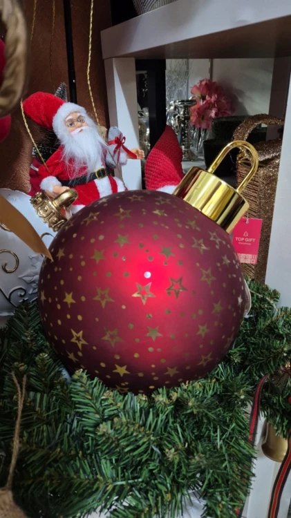 Bombka LED Czerwona 20 cm Szklana Świąteczna Gwiazdki Złote Akcenty