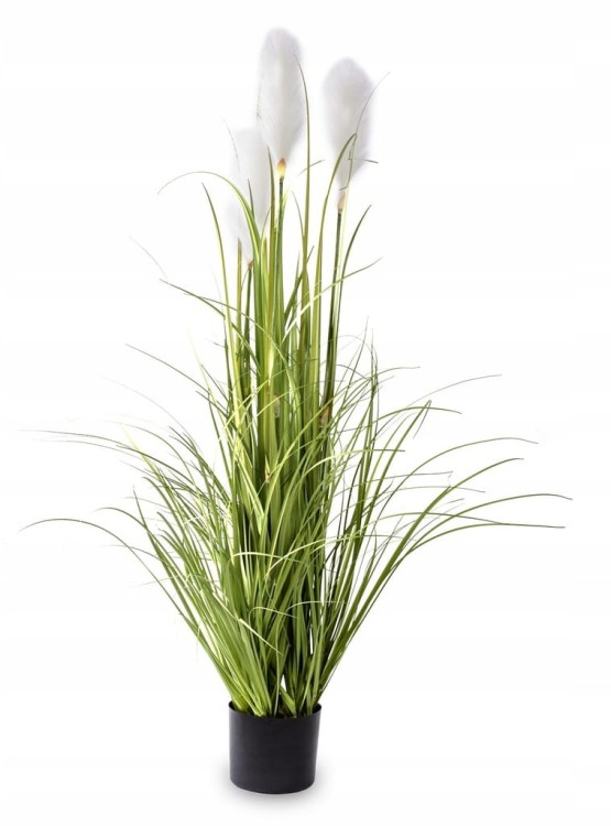 Trawa dekoracyjna w doniczce z białymi piórami 122cm - elegancka dekoracja