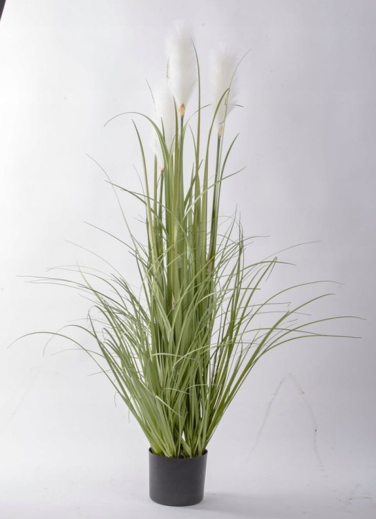Trawa dekoracyjna w doniczce z białymi piórami 122cm - elegancka dekoracja