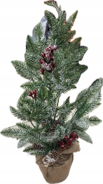 Mała choinka stroik dekoracja w worku z ozdobami - szyszkami i jarzębiną