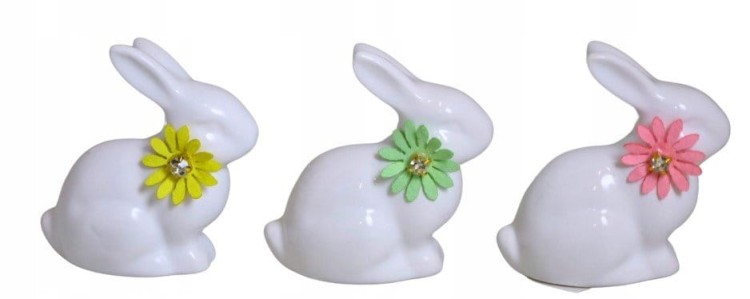 KRÓLICZEK CERAMICZNY BIAŁY Z KWIATUSZKIEM DEKORACJA WIELKANOCNA 7,5 CM