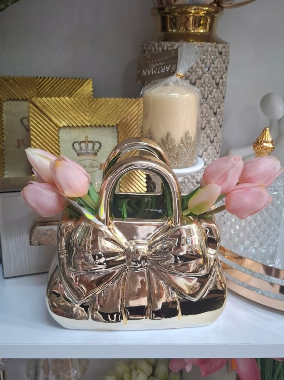 Wazon ceramiczny złoty torebka z kokardą 19x20 dekoracja glamour ozdoba
