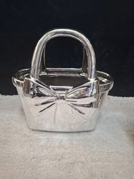 Wazon ceramiczny srebrny torebka z kokardą 30x28 dekoracja glamour prezent