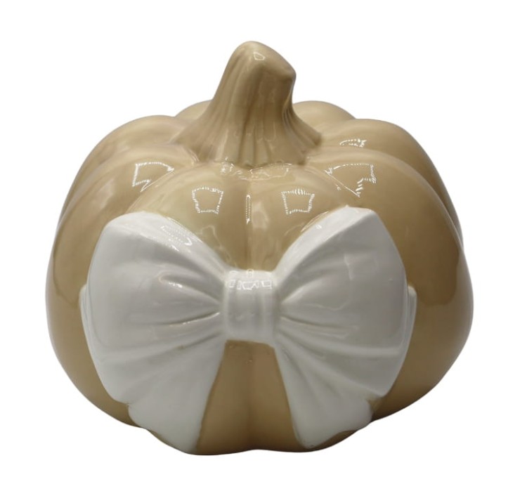 Dynia Dekoracyjna Ceramiczna Beżowa z Białą Kokardą 17cm – Ozdoba na Jesień