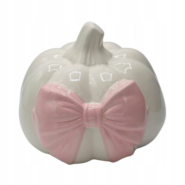 Ceramiczna dynia dekoracyjna biała z różową kokardą 17 cm – glamour jesień