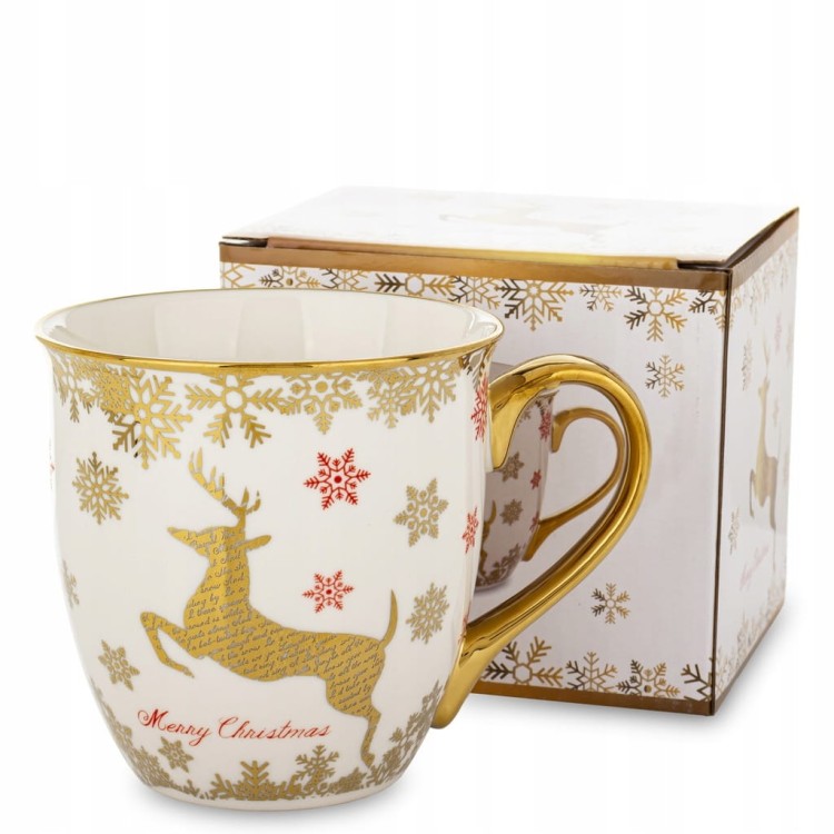 Kubek porcelanowy świąteczny 560ml biało-złoty z reniferem – prezent święta