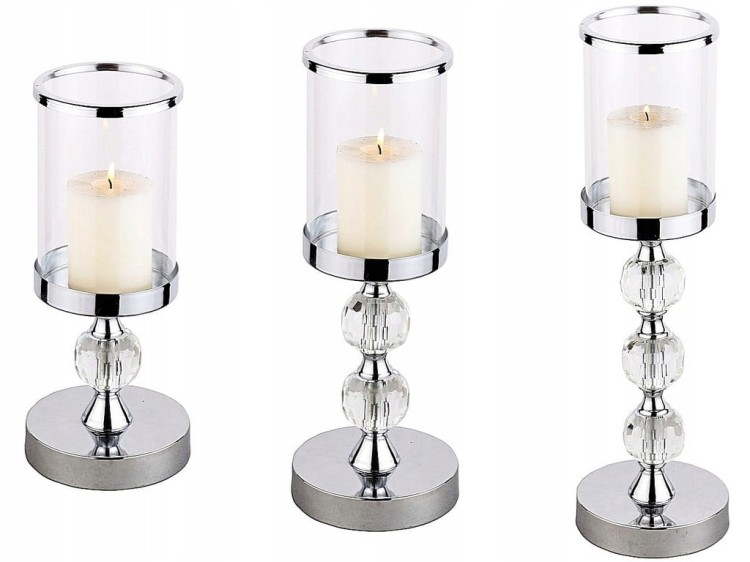 Świecznik Glamour Lampion Chrom Kryształ kpl 1-2-3