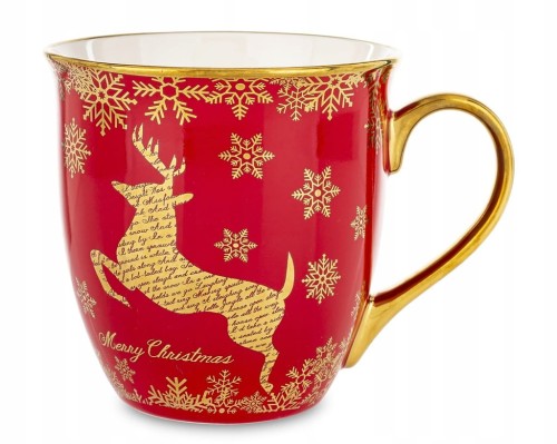Kubek porcelanowy świąteczny 560 ml czerwony ze złotym reniferem – prezent