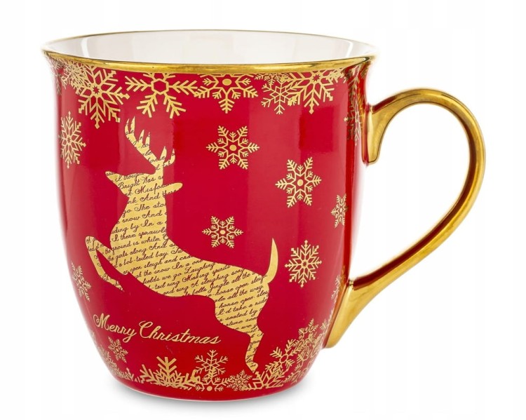 Kubek porcelanowy świąteczny 560 ml czerwony ze złotym reniferem – prezent