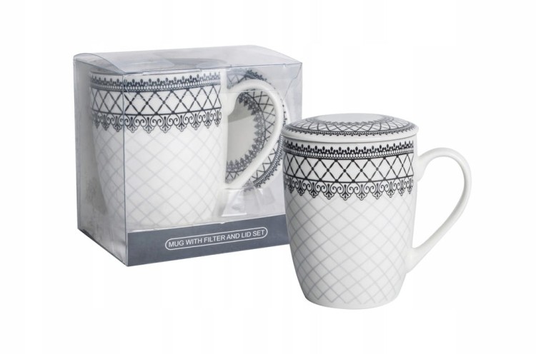 Kubek Porcelanowy LIVELLO 350ml z Metalowym Zaparzaczem i Pokrywką Ornament