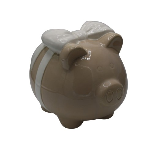 Skarbonka ceramiczna świnka beżowa z białą kokardą 15x13cm elegancka ozdoba